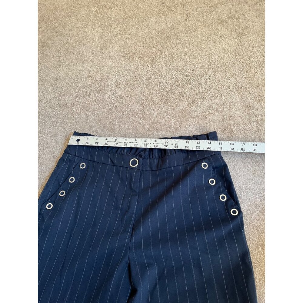 MNG Casual Womens Navy Pinstripe Pants Ruffled Waist Eyelets EUR 40 / USA 8 / M - Picture 14 of 16